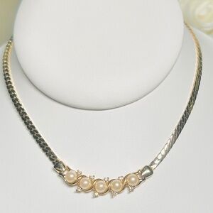 Vintage 18K Gold Plated Faux Pearl & Crystal Flat Snake Chain Necklace, Vintage